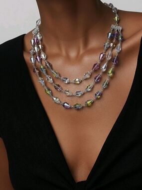 🆕️ Simulated Magic Colour Quartz Beaded Layered Necklace in Silvertone